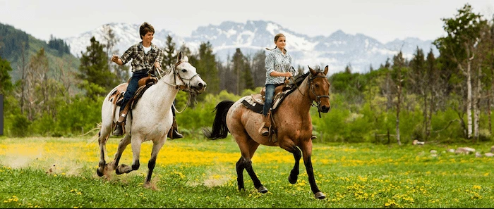 Confident plus-size woman riding Eynsham a horse through a field with a smile on her face.